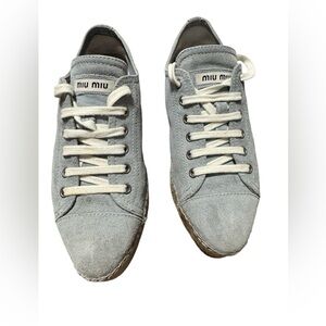 Miu Miu Light Gray Suede Lace-Up Sneakers with Cream Laces